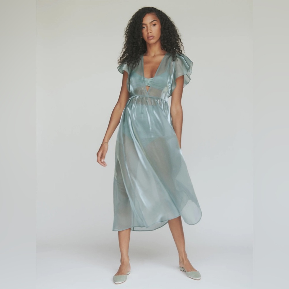 Reformation Glory Dress Teal Blue Sheer Dress